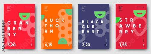 Vector illustrations. Set of minimalistic fruit posters or price tags. Strawberry, blackcurrant, buckthorn, cranberry.