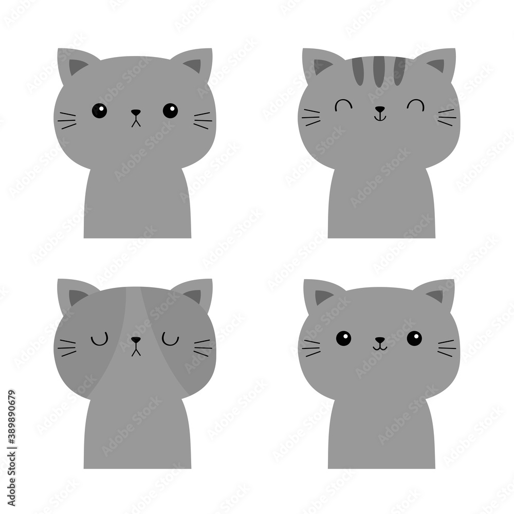 Cute cat set. Gray face icon. Funny kawaii doodle baby animal. Cartoon funny character. Four friends. Pet collection. Kitten kitty. Flat design. White background. Isolated. Cute cat set. Gray face icon. Funny kawaii doodle baby animal. Cartoon funny character. Four friends. Pet collection. Kitten kitty. Flat design. White background. Isolated.