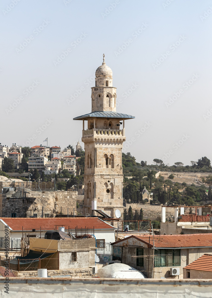View from the roof of the Austrian Hospice building to the Bab al-Silsila minaret on the Temple Mount and the old city of Jerusalem in Israel