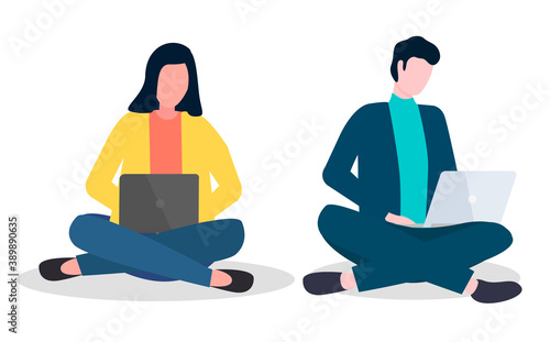 Young people girl and man sitting on floor with laptop serfing internet on white background, typing, writing a message. Characters freelancers working on pc, studying with computer vector illustration