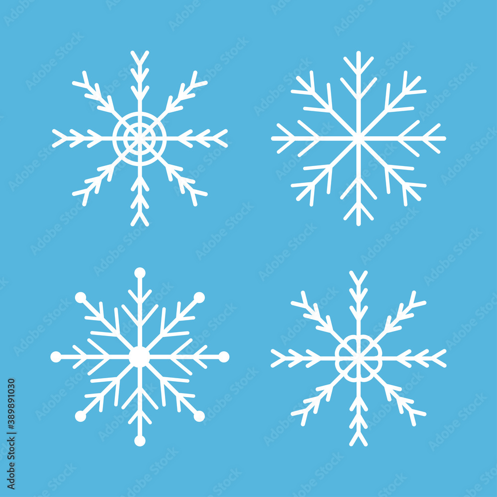 Snowflakes icon set. Four white snowflake. Merry Christmas. Happy New Year decoration sign symbol. Xmas paper craft. Snow flake. Frozen star shape. Blue background. Isolated. Flat design. Snowflakes icon set. Four white snowflake. Merry Christmas. Happy New Year decoration sign symbol. Xmas paper craft. Snow flake. Frozen star shape. Blue background. Isolated. Flat design.