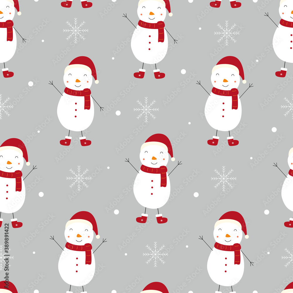 Christmas seamless pattern With snowmen and snowflakes on a gray background Hand drawn design in cartoon style, use for print, celebration wallpaper, fabric, textile. Vector illustration