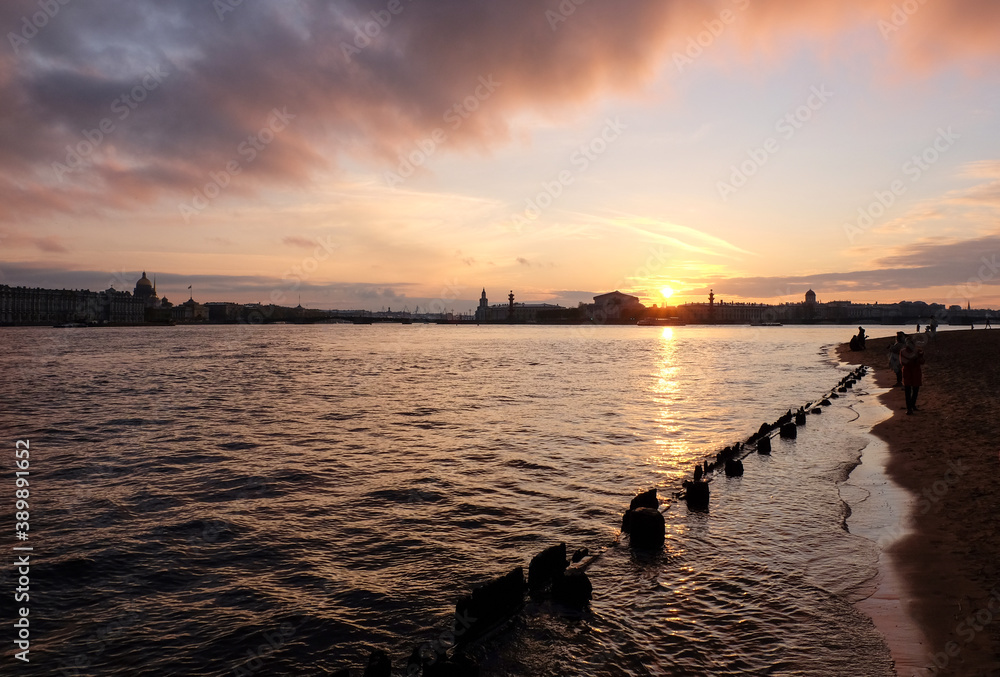 Peter and Paul Fortress in St. Petersburg, Russia. Sunset on Neva River.
