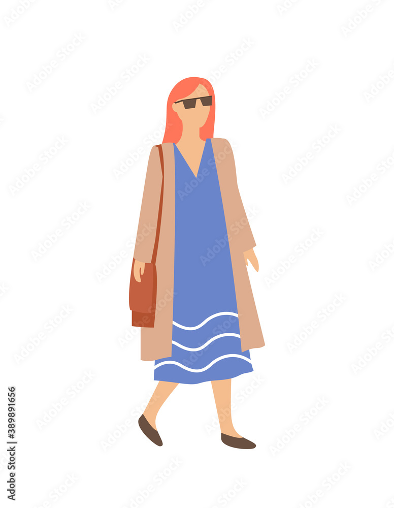 Φωτογραφία Woman in long blue dress and coat, in sunglasses and sack isolated cartoon character
