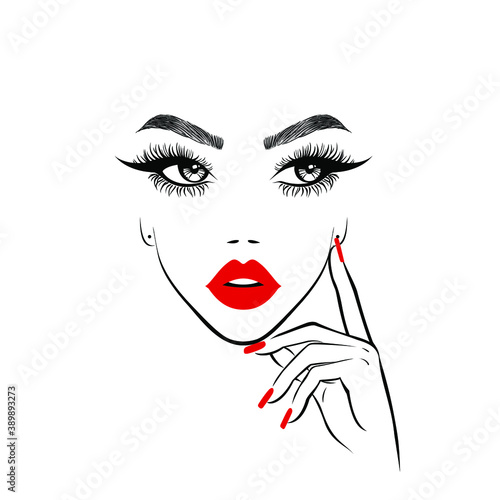 Beautiful woman face with red lips and lush eyelashes, hand with red manicured nails. Spa salon Beauty Logo. Vector illustration