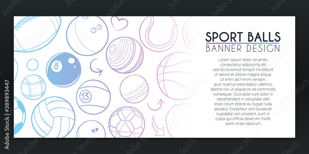 Sport Balls Banner Doodles. Team Background Hand drawn. Play illustration. Vector Horizontal Design.