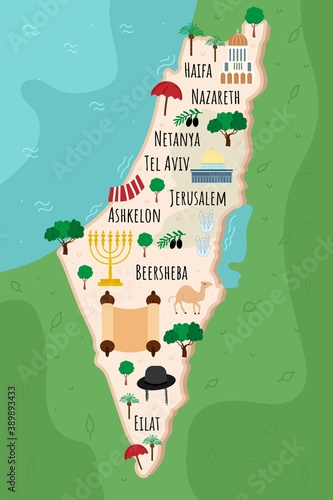 Cartoon map of Israel. Travel illustration with Jewish landmarks, buildings, food and plants. Funny tourist infographics. National symbols. Famous attractions. Vector illustration.