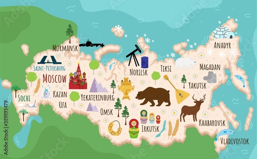 map of Russia. Flat cartoon of russian country with its famous landmarks. Cathedral, musk, bear, and bridges. buildings, food and plants. Funny tourist infographics. National symbols. attractions.