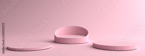 3D rendering of Pink Round Pedestal  Podium for display product on the pink floor. Pedestal can be used for commercial advertising  Isolated on pink background  Product Presentation  illustration.