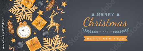Merry Christmas and Happy New Year Greeting Background. Xmas card. Horizontal Banner template. Golden snowflakes with confetti, gift boxes, wall clock, fir branches, deer, balls, stars.