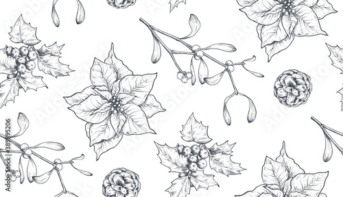 Vector seamless pattern with Christmas floral elements, plants, branches, pine cones, poinsettia photo