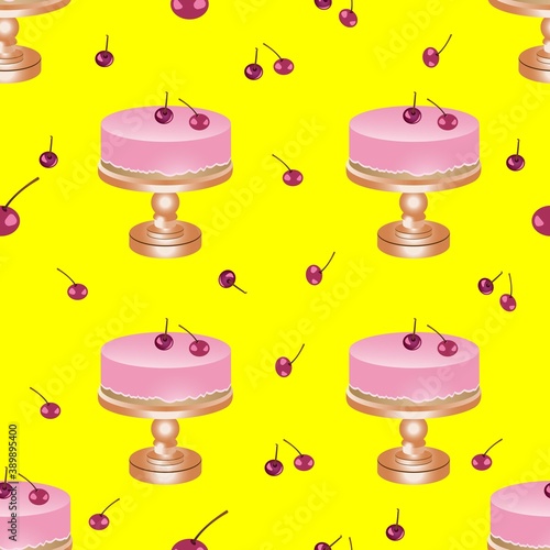 eamless pattern of slice of pink cake with cherries. Vector illustration isolated on a yellow background.