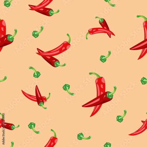 Seamless pattern of pods of red chili peppers. Vector illustration isolated on a pink background.