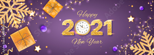 2021 Happy New Year. Golden Numbers with sequins and wall clock. Banner, flyer, card with golden snowflakes sprinkled with sparkle, gift boxes, bolls, garlands, stars, confetti.