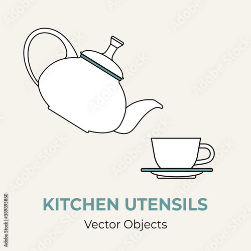 Tea cup pot saucer simple form vector illustration. Vector line illustration isolated logo icon cafe menu banner flayer. Dishware logo coffee shop. Cup demitasse coffee mug teapot isolated background