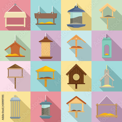 Bird feeders icons set. Flat set of bird feeders vector icons for web design