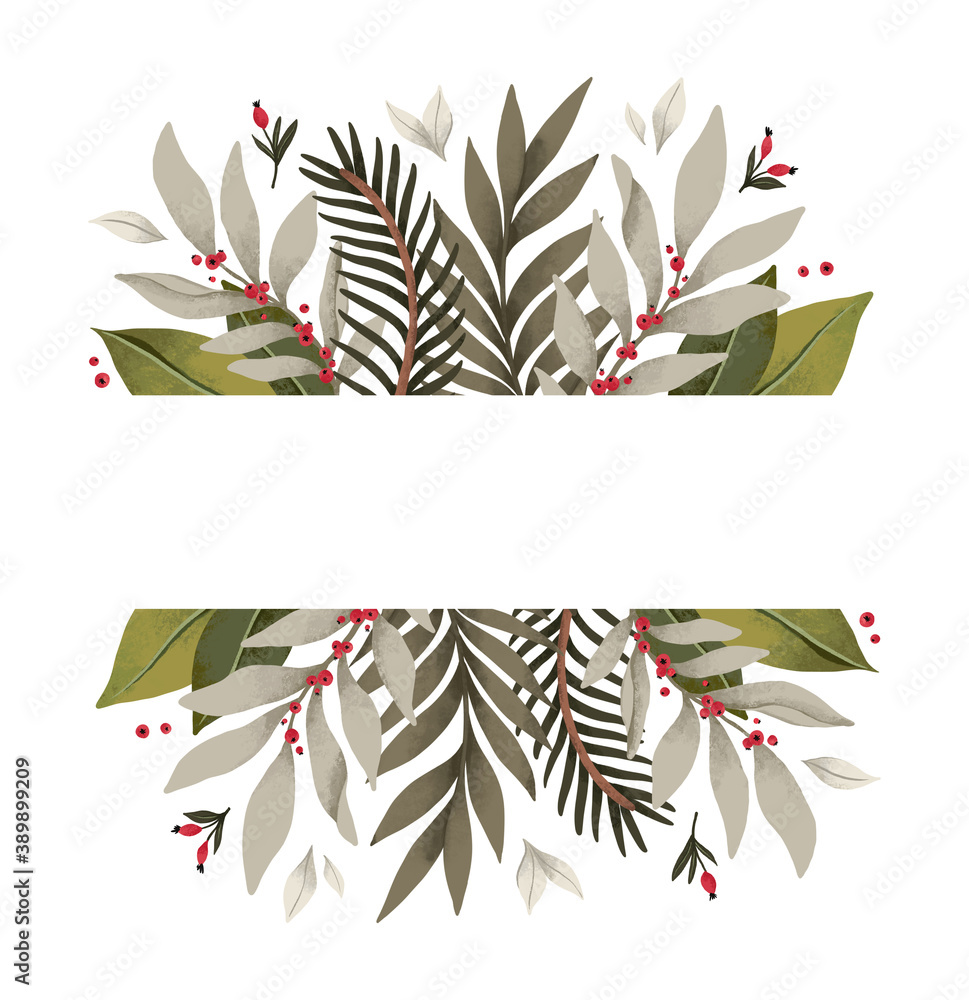 Obraz premium Christmas watercolor frame with greenery, fir branches, eucalyptus and red berries. Happy new year and Merry christmas card. Perfect for greeting cards, wedding invitations, banners, posters.