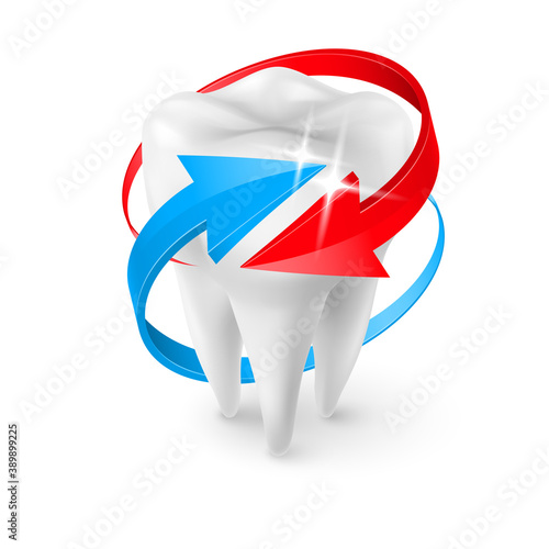 Isometric Illustration Herbal and Fluoride Protection Icon of a Tooth with a Red and Blue Arrow. The Element for the Design of the Flyer, Banner, Advertising of Dentifrices or Brochure