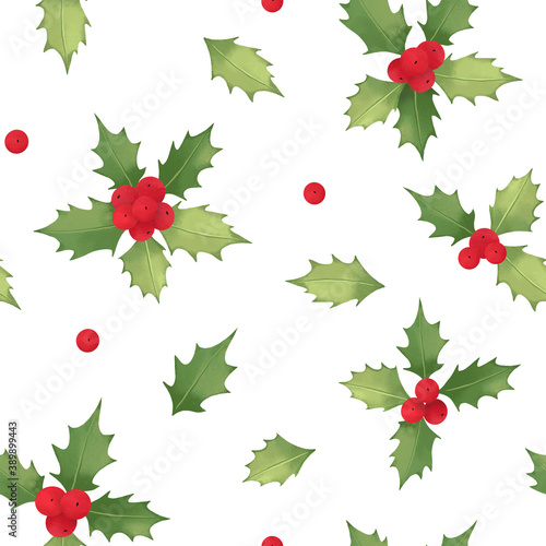 Watercolor Christmas Seamless pattern with holly. Winter background with red berries and green foliage. Perfect for wrapping paper, fabric, textile, invitations, packing.