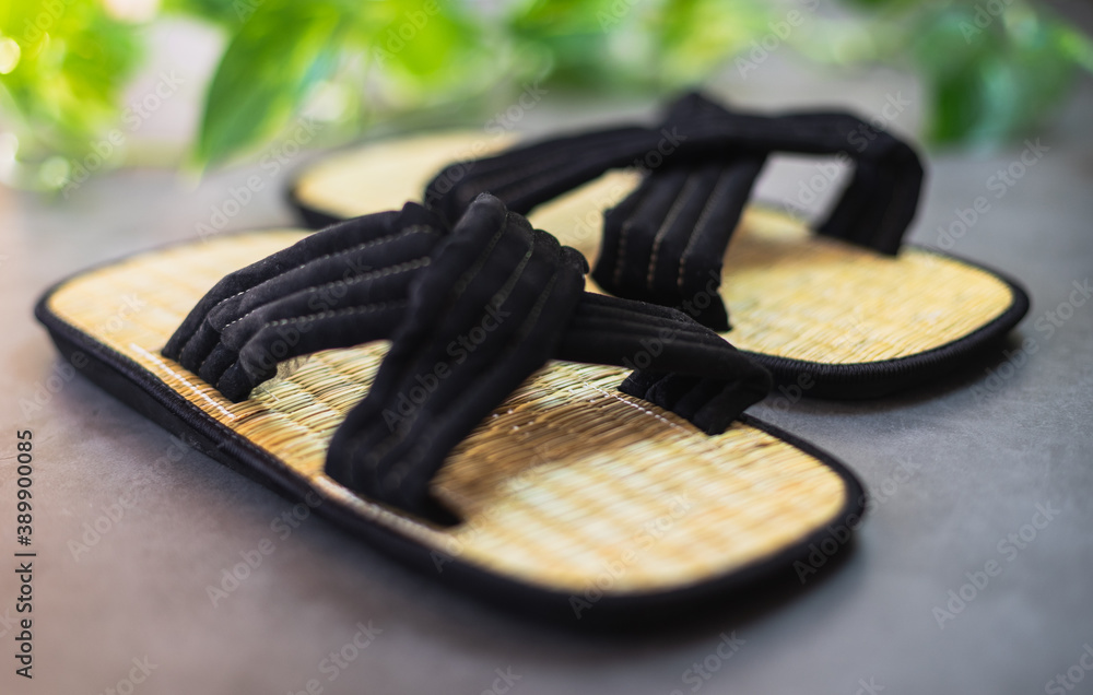 Pair of traditional Japanese bamboo zori shoes with decorative greenery in  the background Stock Photo | Adobe Stock