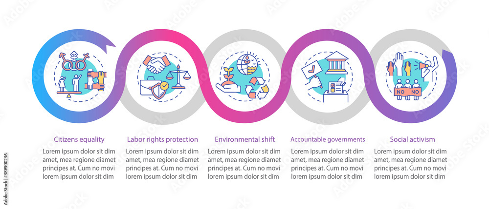 Social change values vector infographic template. Labor rights, government presentation design elements. Data visualization with 5 steps. Process timeline chart. Workflow layout with linear icons