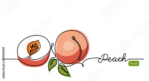 Peach simple vector illustration. One continuous line drawing art illustration with lettering peach fruit.