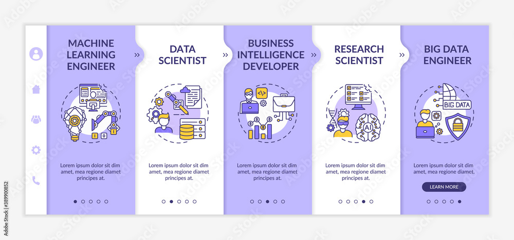 Careers in AI onboarding vector template. Machine learning software engineer. Professional data scientist. Responsive mobile website with icons. Webpage walkthrough step screens. RGB color concept