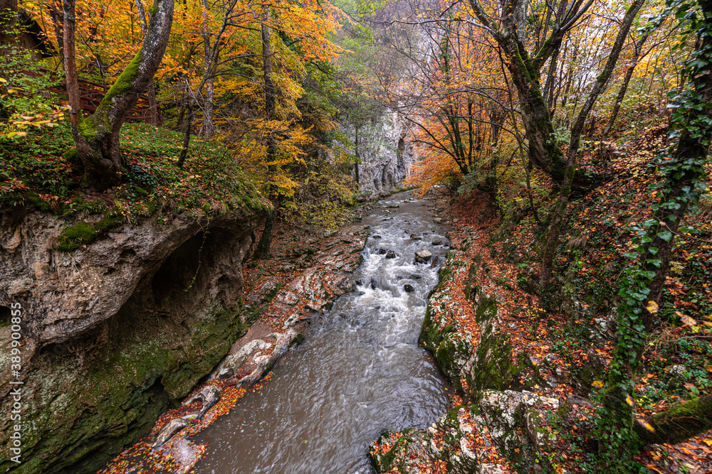 Bigar Waterfall in the Romanian mountains - amazing view of one of the most beautiful waterfalls in Europe during an autumn day with great fall colors