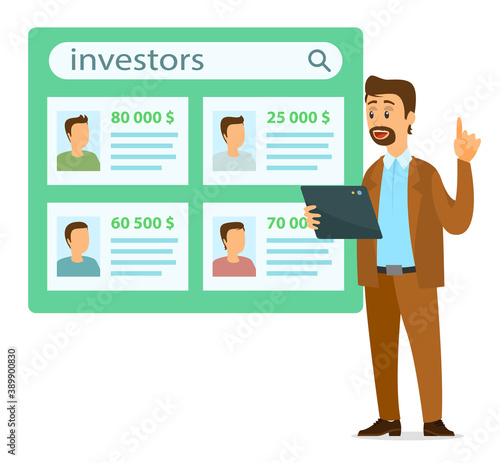 Businessman with digital tablet searching investors for project or startup. Man wearing costume choosing candidate from list who has more money. Information board with investors personal cards