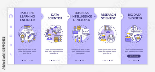 Careers in AI onboarding vector template. Machine learning software engineer. Professional data scientist. Responsive mobile website with icons. Webpage walkthrough step screens. RGB color concept