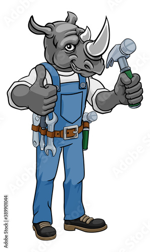 A rhino cartoon animal mascot carpenter or handyman builder construction maintenance contractor holding a hammer and giving a thumbs up