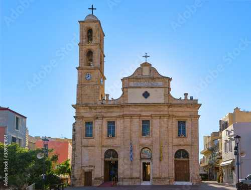 Church and Greek Orthodox cathedral of presentation of the Virgin Mary in Chania, Crete, Greece in early morning. Frontal shot of facade. © NPershaj