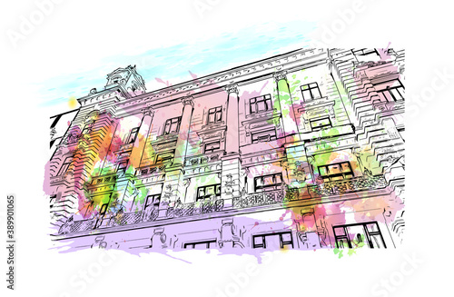 Building view with landmark of Brno is a city in the Czech Republic. Watercolor splash with hand drawn sketch illustration in vector.