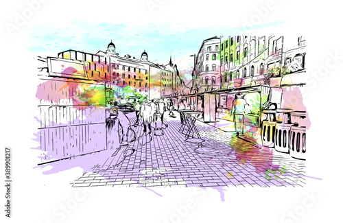 Building view with landmark of Brno is a city in the Czech Republic. Watercolor splash with hand drawn sketch illustration in vector.