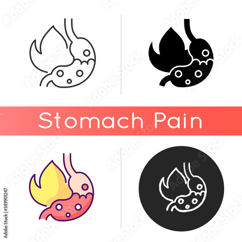 Heartburn icon. Acid reflux. Gnawing pain. Discomfort. Indigestion. Uncomfortable sensation in belly. Burning in chest center. Linear black and RGB color styles. Isolated vector illustrations