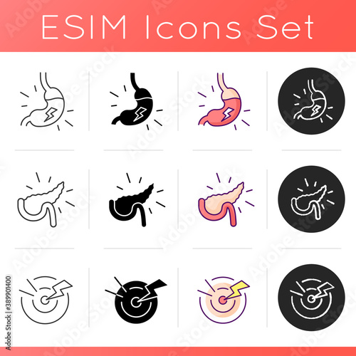 Pain in belly icons set. Indigestion. Pancreatitis. Acute pain. Stomach infection. Dyspepsia. Large gland. Upset stomach. Linear, black and RGB color styles. Isolated vector illustrations