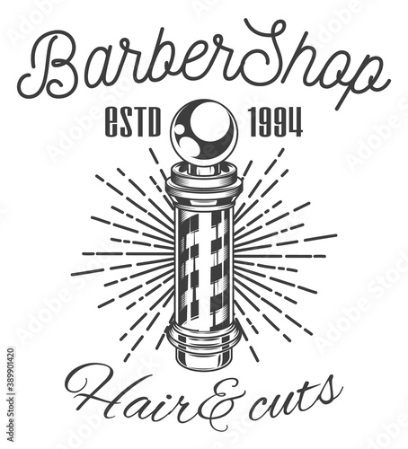 Logotype for barbershop in vintage style. Barber shop logo flat vector design emblem with barber objects sign and lettering. Hairdressing salon signboard. Style haircut banner poster