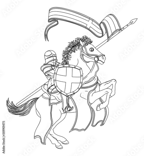 A medieval knight, perhaps Saint George, in armour riding a horse to a joust holding a lance or spear with banner