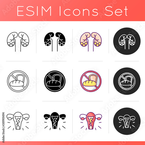 Digestive disorders icons set. Kidney stone disease. Gluten intolerance. Menstrual cramps. Wheat allergy. Urolithiasis. Dysmenorrhea. Linear, black and RGB color styles. Isolated vector illustrations