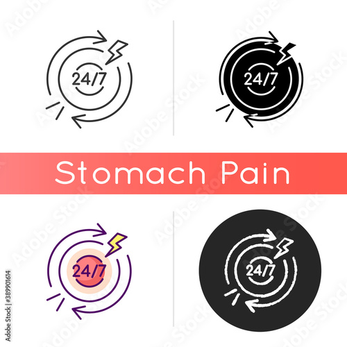 Chronic abdominal pain icon. Recurring condition. Stomach infection. Digestive system. Gastroenteritis. Burning, aching sensation. Linear black and RGB color styles. Isolated vector illustrations