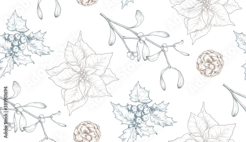 Vector seamless pattern with Christmas floral elements, plants, branches, pine cones, poinsettia.
