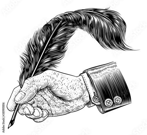 A hand in business suit holding writing with a quill feather antique ink pen. In a retro vintage engraved or etched woodcut print style.