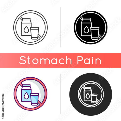 Lactose intolerance icon. Digestive disorder. Dairy products. Enzyme lactase. Milk and yogurt. Drinking something with lactose. Linear black and RGB color styles. Isolated vector illustrations