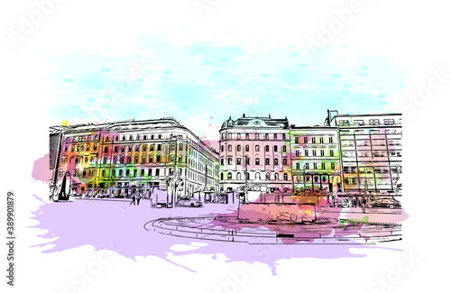 Building view with landmark of Brno is a city in the Czech Republic. Watercolor splash with hand drawn sketch illustration in vector.