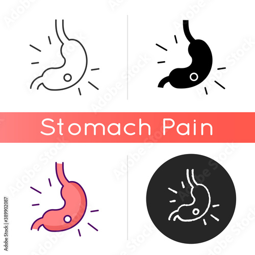 Gastritis icon. Stomach ulcer. Upper abdominal pain. Gastric mucosa. Gnawing and burning ache. Stomach lining inflammation. Linear black and RGB color styles. Isolated vector illustrations