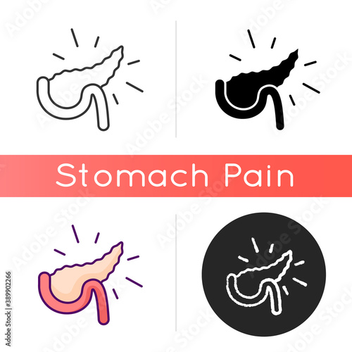 Pancreatitis icon. Stomach disease. Pathologic pancreas inflammation. Large gland. Digestive enzymes, hormones. Abdominal pain. Linear black and RGB color styles. Isolated vector illustrations