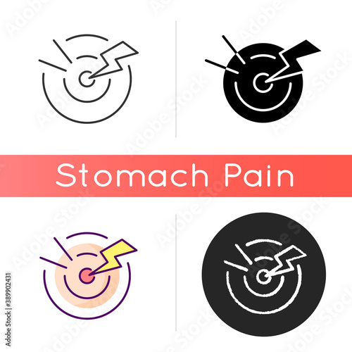 Acute pain icon. Sudden and severe feeling in abdomen. Stomach infection. Digestive disorders. Gastroenteritis. Menstrual cramps. Linear black and RGB color styles. Isolated vector illustrations