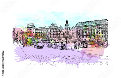Building view with landmark of Brno is a city in the Czech Republic. Watercolor splash with hand drawn sketch illustration in vector.