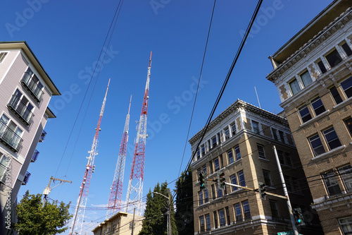 Telecommunications towers in the middle of the downtown area of Seattle, WA.
