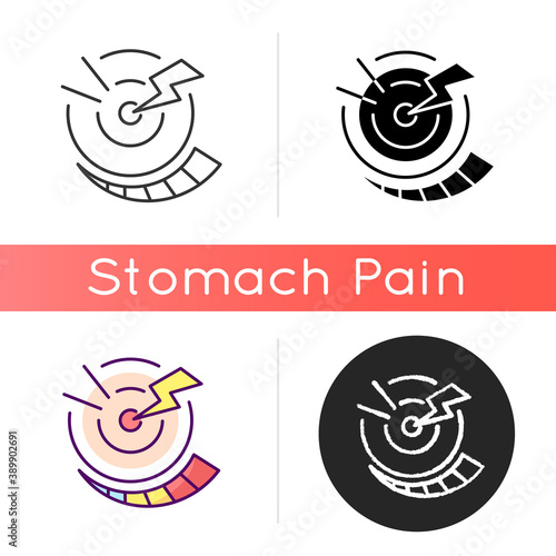 Progressive pain icon. Digestive system. Abdominal inflammation. Stomach cramps. Sharp, intermittent contractions. Stomachache. Linear black and RGB color styles. Isolated vector illustrations